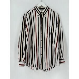 Nautica Vintage Button Down Shirt Mens Large White Red Blue Striped Long Sleeves